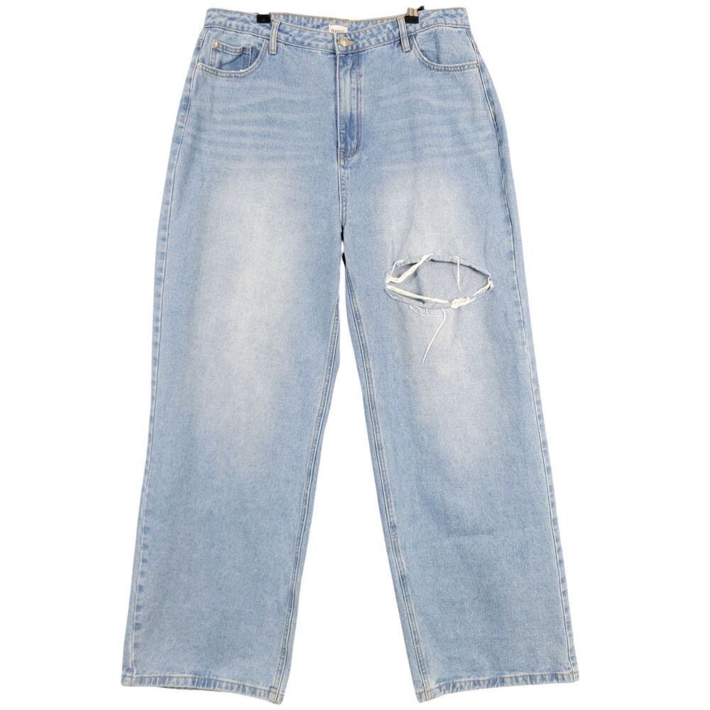PRINCESS POLLY Distressed 100% Cotton Wide Leg Baggy Denim Blue Jeans SIZE 12